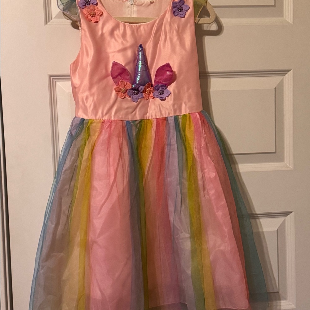 Girls Pink Unicorn Dress with Rainbow Tulle size 7